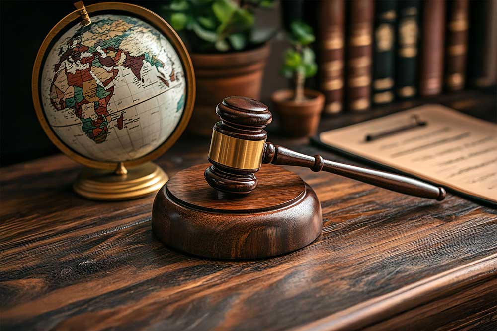 a legal gavel placed on a modern management work table. globe and justice balance scale beside for anti trust 