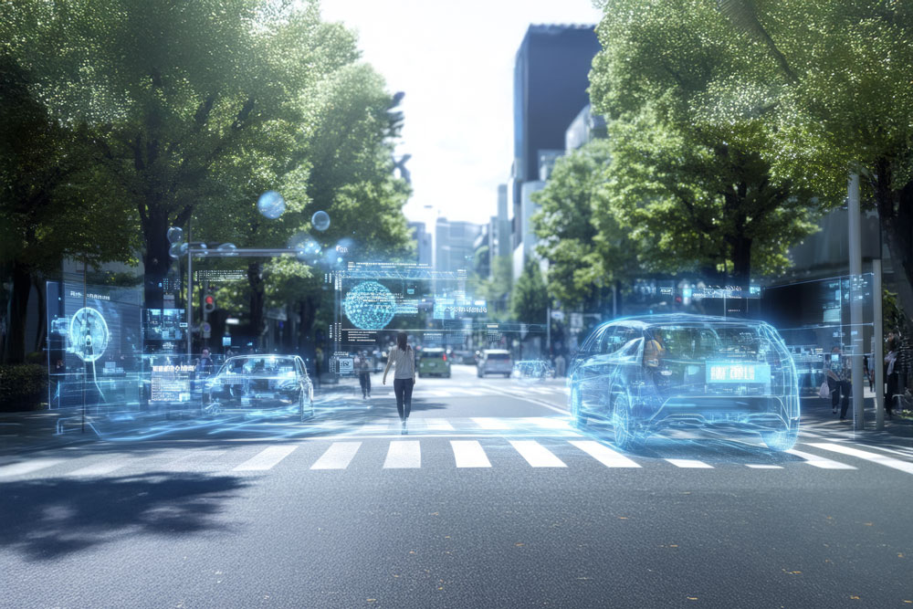 Photo of street with crosswalk and virtual cars