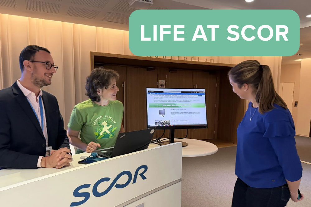 Thumbnail image of October 2025 SCOR Careers Blog Life At SCOR blog post about Sustainability Days with a sustainable IT booth and three people