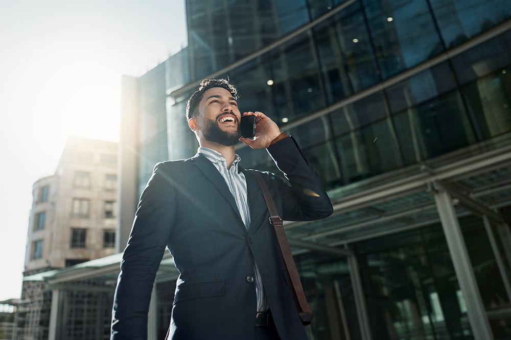 Outdoor, walking and business with man, phone call and connection with conversation, talking and morning.