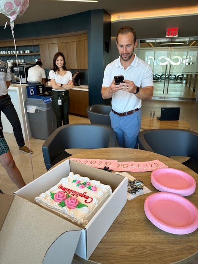Mark Sissons' surprise baby shower at the SCOR New York office 
