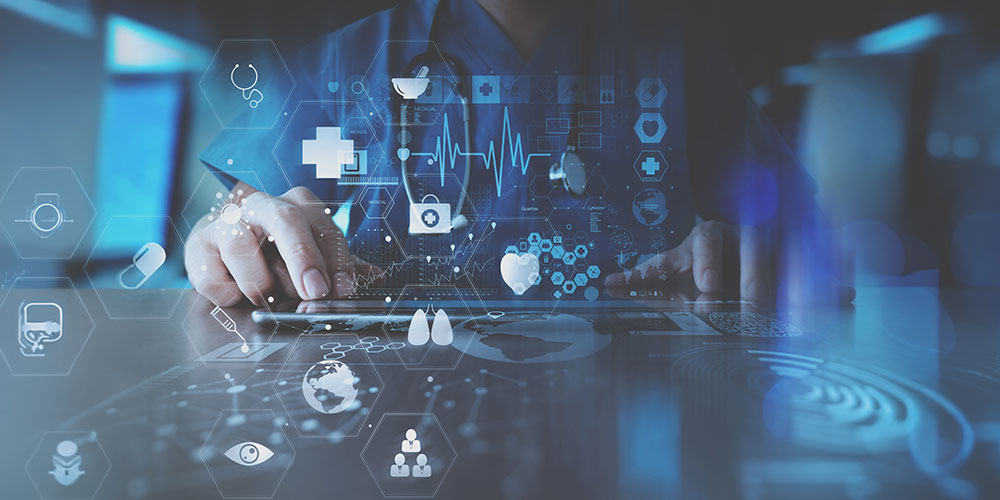 smart doctor hand working with modern laptop computer in modern office with virtual icon diagram