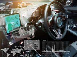 February 2025 SCOR P&C Expert View on Autonomous vehicles header with empty cockpit in vehicle and Self-Driving mode car graphic screen with flare light