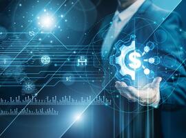 Man against a backdrop of digital financial symbols