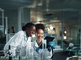 SCOR Careers Blog post teaser image about women in science with women, scientist and tablet with research, laboratory and digital study for healthcare science