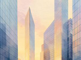 Watercolor of high rise buildings at sunset