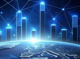 Futuristic illustration of Earth and the European continent with glowing bar-chart columns and interconnected network lines above, symbolizing global connectivity, data, and technological growth.