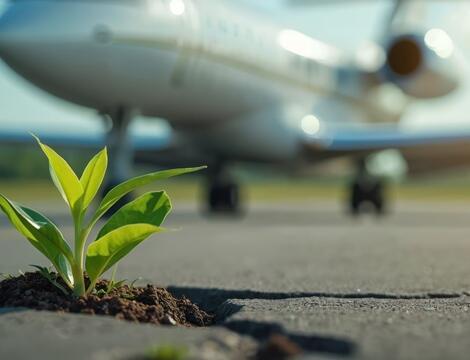 A plant pushing through the tarmac of an airport runway