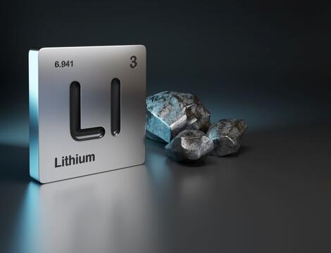 Periodic table symbol for lithium next to lithium stones