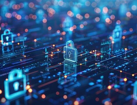 Virtual digital interface with virtual padlocks in blue and orange tones