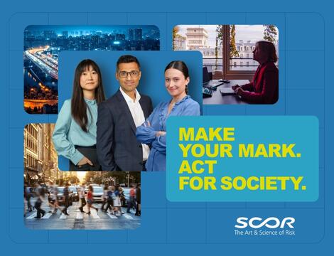 Blue graphic with city views, office scene, people walking, and text: “MAKE YOUR MARK. ACT FOR SOCIETY
