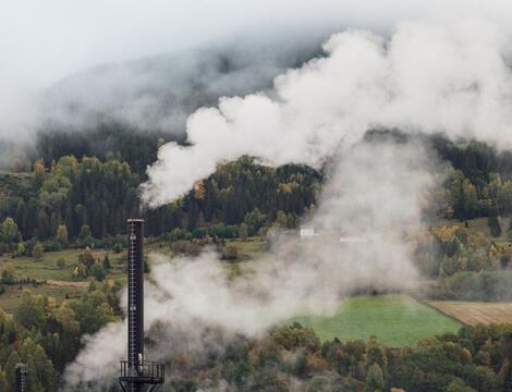 Factory chimney emitting smoke against a forest backdrop