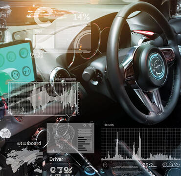 February 2025 SCOR P&C Expert View on Autonomous vehicles header with empty cockpit in vehicle and Self-Driving mode car graphic screen with flare light