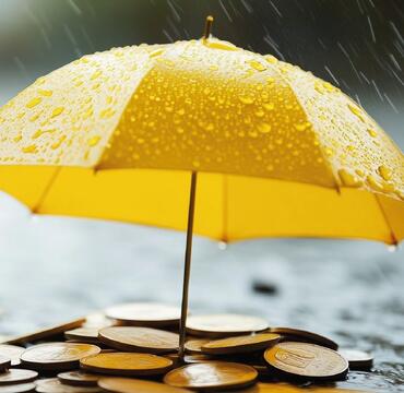 Yellow umbrella covering coins in the rain