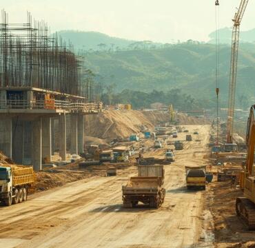 Construction vehicles and building foundations on a rural dirt road