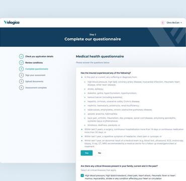 Page from a Velogica medical health questionnaire