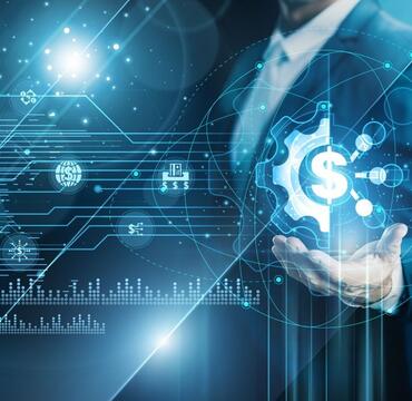 Man against a backdrop of digital financial symbols