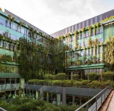 Interior courtyard at SCOR's Paris headquarters with vegetation
