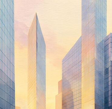 Watercolor of high rise buildings at sunset