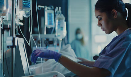 Female nurse in the ICU checking patient’s vitals on medical equipment, ensuring critical care monitoring in a dark, focused atmosphere