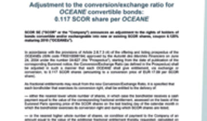 Adjustment to the conversion/exchange ratio for OCEANE press release 2009