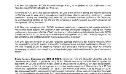 2017 A.M. Best upgrades  SCOR’s Financial Strength Rating to ‘A+’ and its Issuer Credit Rating to ‘aa-' press release