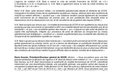 Communiqué de presse A.M. Best relève la notation de solidité financière de SCOR à « A+ » et sa note de crédit émetteur à « aa- » 2017