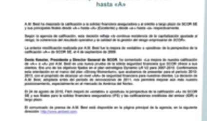 Comunicado de prensa A.M. Best mejora la calificación de SCOR hasta «A» 2010