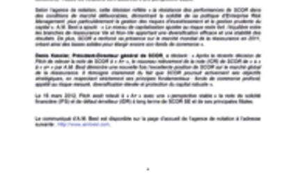 Communiqué de presse A.M. Best relève la note de crédit émetteur de SCOR à « a+ » 2012