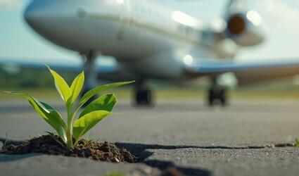 A plant pushing through the tarmac of an airport runway