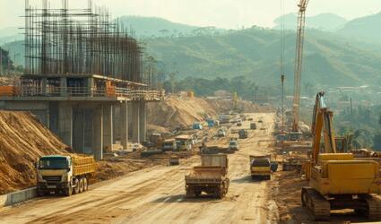 Construction vehicles and building foundations on a rural dirt road