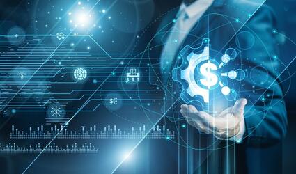 Man against a backdrop of digital financial symbols