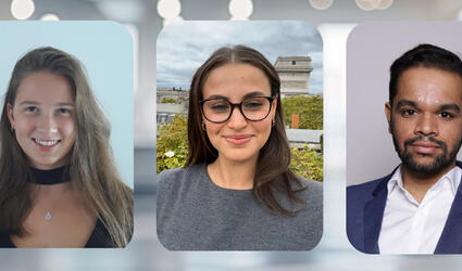 Header image of SCOR Careers Blog Career Compass Hiring Journey article with Samantha Curutchet, Adèle Kaschte and Mammen Puthukkeril Varghesem, interns and apprentices at SCOR