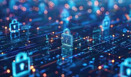 Virtual digital interface with virtual padlocks in blue and orange tones