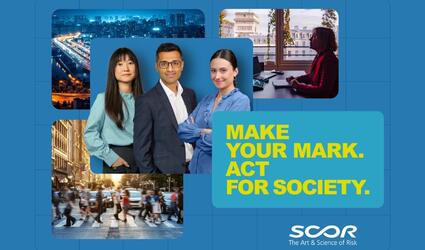 Blue graphic with city views, office scene, people walking, and text: “MAKE YOUR MARK. ACT FOR SOCIETY