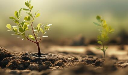 Close up of young plants in soil