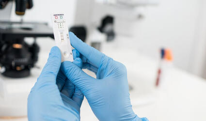 Over-the-shoulder view of a scientist evaluating a lateral flow assay kit for hantavirus diagnosis, with laboratory equipment in soft focus.