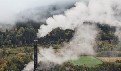 Factory chimney emitting smoke against a forest backdrop