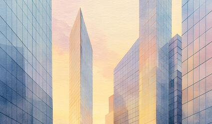 Watercolor of high rise buildings at sunset