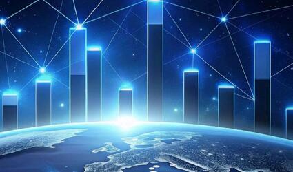 Futuristic illustration of Earth and the European continent with glowing bar-chart columns and interconnected network lines above, symbolizing global connectivity, data, and technological growth.