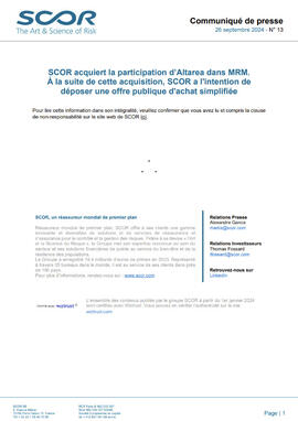 Première page du communiqué de presse de SCOR du 26 septembre 2024