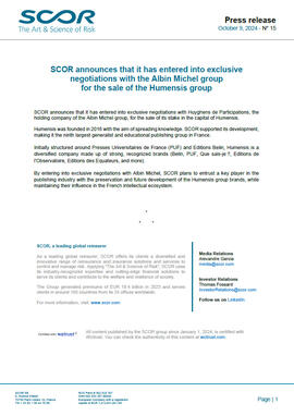 Premoère page du communiqué de presse SCOR annonce être entré en négociations exclusives avec Albin Michel pour la cession d'Humensis Wiztrust