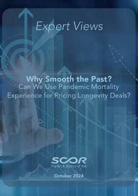 SCOR Life and Health Expert View with man's finger touching a digital screen with graphs