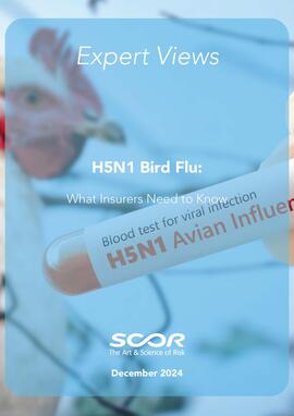 Cover of SCOR L&H Expert View about H5N1 with The concept of an avian flu pandemic. A test tube with a blood test for h5n1 avian influenza. Checking chicken for diseases