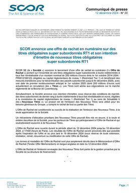 Première page du Communiqué de presse  SCOR sur le lancement et offre de rachat