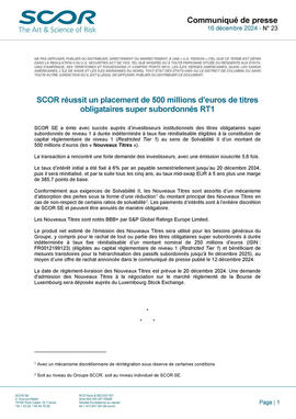 Première page du Communiqué de presse SCOR Pricing du 16 decembre 2024