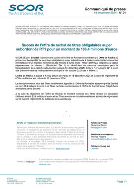 Première page du Communiqué de presse  SCOR Résultats offre du 19 décembre 2024