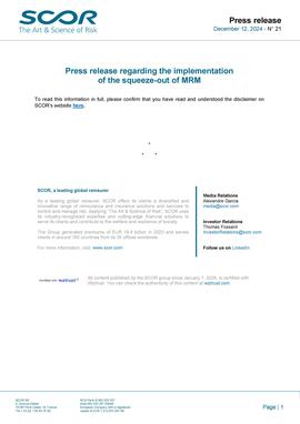 First page of SCOR Press Release about MRM implementation of the squeeze-out