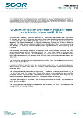 First page of SCOR's Press Release for cash tender offer