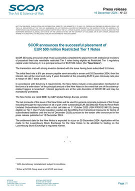 Cover of SCOR Press release about Pricing of December 16 2024